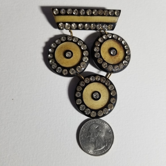 Relisted-Vintage Art Deco brooch early plastic pin yellow black clear rhinestone - Picture 5 of 16